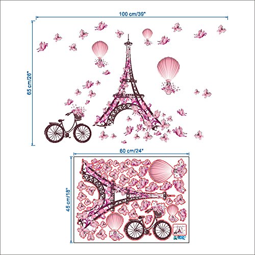 Wallpark Romántico Rosa Mariposa París Torre Eiffel Flor Globo aerostático Desmontable Pegatinas de Pared Etiqueta de la Pared, Bebé Niños Hogar Infantiles Dormitorio Vivero DIY Decorativas Murales