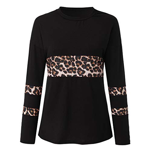 WAOTIER Camisetas de manga larga para mujer, cuello redondo, casual, estampado de leopardo, parte lateral, alta y baja, túnica, Negro, S