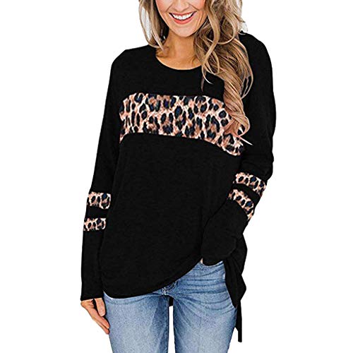 WAOTIER Camisetas de manga larga para mujer, cuello redondo, casual, estampado de leopardo, parte lateral, alta y baja, túnica, Negro, S