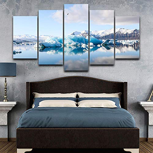 WARMBERL Cuadro impreso en lienzo con 5 placas, diseño de glaciar, paisaje de Iceberg, moderno marco de alta definición para decoración del hogar, impresión sobre lienzo enmarcado