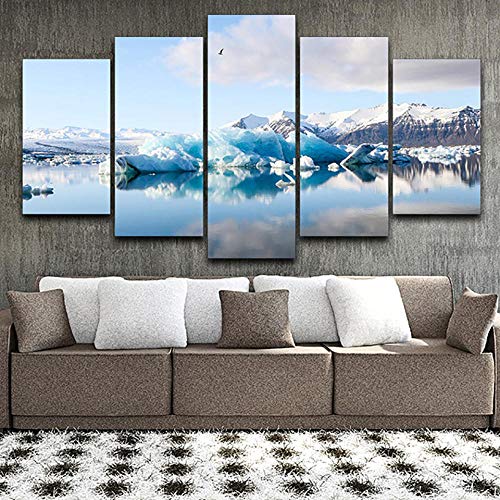 WARMBERL Cuadro impreso en lienzo con 5 placas, diseño de glaciar, paisaje de Iceberg, moderno marco de alta definición para decoración del hogar, impresión sobre lienzo enmarcado