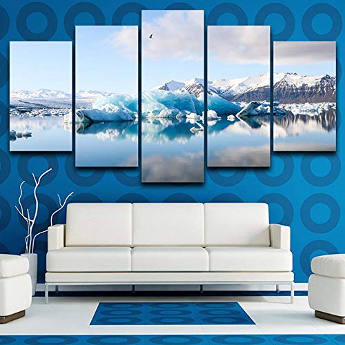 WARMBERL Cuadro impreso en lienzo con 5 placas, diseño de glaciar, paisaje de Iceberg, moderno marco de alta definición para decoración del hogar, impresión sobre lienzo enmarcado