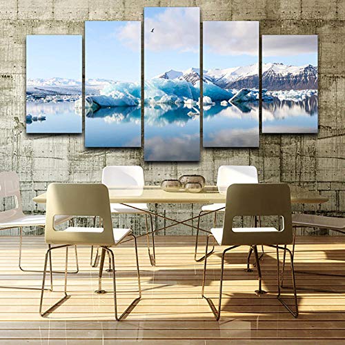 WARMBERL Cuadro impreso en lienzo con 5 placas, diseño de glaciar, paisaje de Iceberg, moderno marco de alta definición para decoración del hogar, impresión sobre lienzo enmarcado