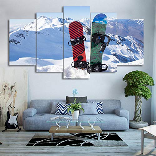 WARMBERL Lienzo de 5 piezas con impresión en alta definición de Sunrise Iceberg, lienzo de esquí, snowboard, decoración del hogar, arte de pared modular sobre lienzo enmarcado