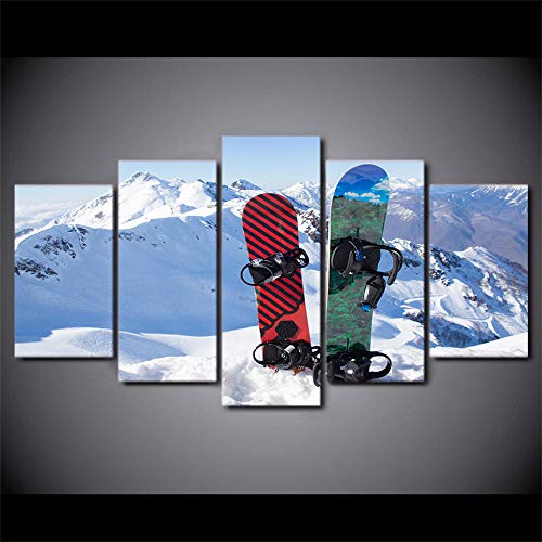 WARMBERL Lienzo de 5 piezas con impresión en alta definición de Sunrise Iceberg, lienzo de esquí, snowboard, decoración del hogar, arte de pared modular sobre lienzo enmarcado