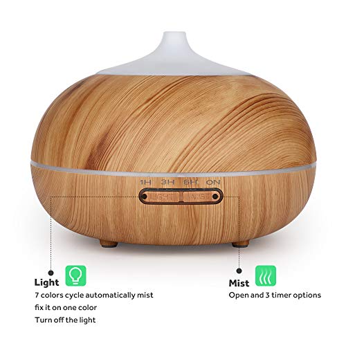 WD&CD Humidificador Aromaterapia Ultrasónico [300ML]， 7-Color LED, 3 Ajuste de Tiempo，Súper Mudo Difusor de Aceites Esenciales de luz para Bebes, Hogar, Oficina,Dormitorio —Grano de Madera