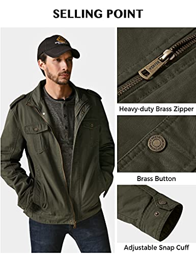 WenVen Chaqueta de Algodón Casual Otoño Chaqueta Fina Joven Cuello Alto Cazadora Ligera Entretiempo Chaqueta Clásica al Aire Libre Hombre Verde Militar Nuevo L