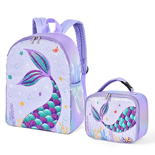 WERNNSAI Juego de mochila para niños de sirena escolar de lentejuelas de sirena de 15 pulgadas con bolsa de almuerzo para niñas preescolar jardín infantes mochila para computadora portátil aislada