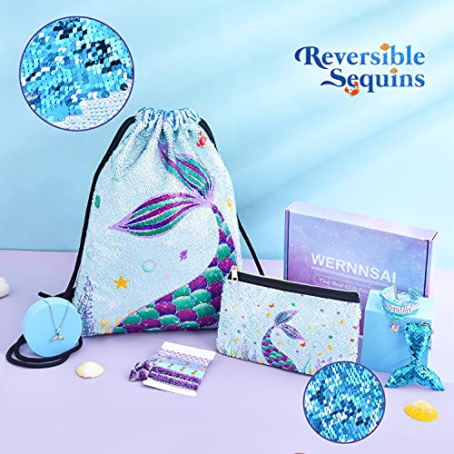 WERNNSAI Mochila con Cordón de Sirena - 10 Piezas Lentejuelas Regalo de Sirena para Niñas Bolso de Cosméticos Cuerdas Pulsera Collar Lazos para El Cabello Llavero con Caja de Embalaje