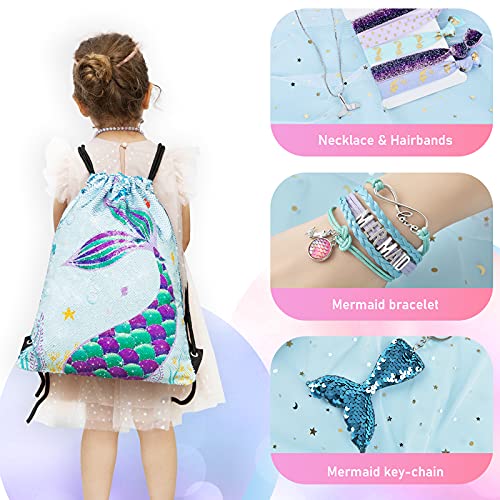 WERNNSAI Mochila con Cordón de Sirena - 10 Piezas Lentejuelas Regalo de Sirena para Niñas Bolso de Cosméticos Cuerdas Pulsera Collar Lazos para El Cabello Llavero con Caja de Embalaje