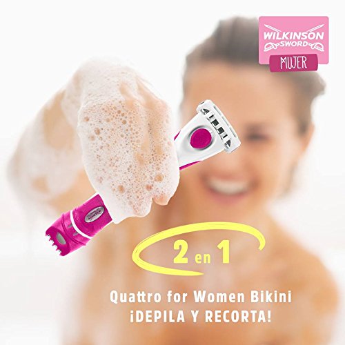 Wilkinson Sword Quattro For Women Bikini- Máquinilla de Depilación de 4 Hojas para Mujer con Recortador Eléctrico para Zonas Íntimas + 4 Recambios de Cuchillas