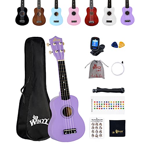 Winzz Ukelele Soprano Starter Kit para Principiante. Incluye: Funda, Afinador, Cuerdas Extra, Correa Ajustable, Púas, Pegatinas de notas, Guía de Acordes y Paño de pulido. Color: Morado