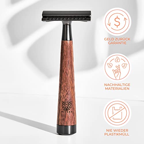 WLDOHO® Maquinilla de Afeitar Clásica - Maquinilla de Doble Filo de Madera de Nogal - 5 Cuchillas para el Safety Razor - Buran