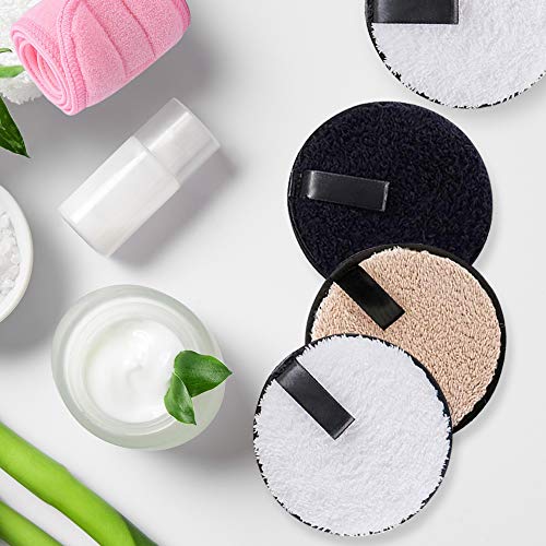 XCOZU 4 Piezas de Almohadillas Desmaquillantes Lavables con Banda para el Cabello Rosa Cosmética, Lavables Almohadillas Desmaquillantes de Microfibra Reutilizables（Negro Blanco Marrón）