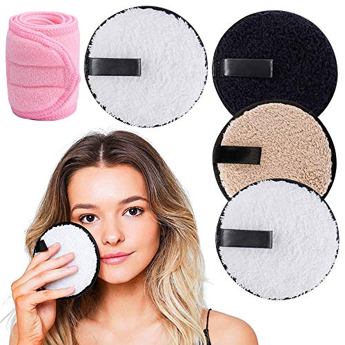 XCOZU 4 Piezas de Almohadillas Desmaquillantes Lavables con Banda para el Cabello Rosa Cosmética, Lavables Almohadillas Desmaquillantes de Microfibra Reutilizables（Negro Blanco Marrón）