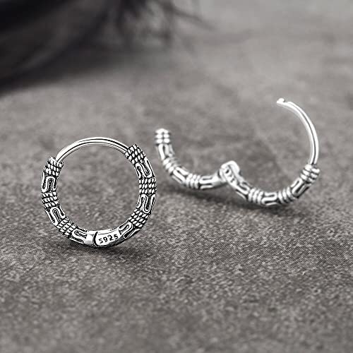 XIAOMAI Pendientes de aro de Plata de Ley 925 Boho Redondos Vintage Negros para Hombres y Mujeres, joyería Gruesa de Moda