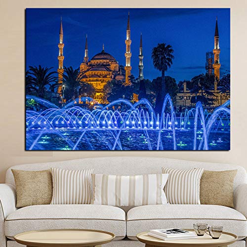 XIXPXCB Canvas Painting Islámico Azul Turquía Estambul Sultan Ahmed Mezquita Cartel religioso Pintura Arte de la Pared para la Sala de Estar Decoración de la casa (sin Marco)