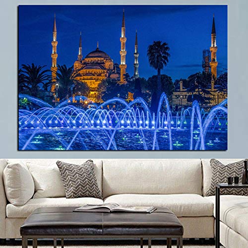 XIXPXCB Canvas Painting Islámico Azul Turquía Estambul Sultan Ahmed Mezquita Cartel religioso Pintura Arte de la Pared para la Sala de Estar Decoración de la casa (sin Marco)