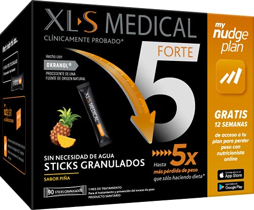 XLS Medical Forte 5 Sticks + Plan Nudge, Servicio De Nutricionistas Gratis. Tratamiento De 1 Mes, Sabor A Piña, color Blanco, 90 sticks granulados, 500 g