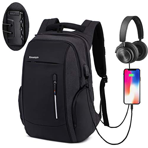 Xnuoyo Mochila Antirrobo de Portátil, 17,3 Pulgada Mochila Ordenador Portatil Resistente al Agua con el Puerto de Carga y Auriculares USB para Hombre Mujer Oficina Trabajo Diario Negocio, Negro