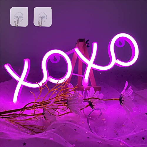 XOXO - Letrero luminoso LED de neón, luz de neón, funciona con pilas y USB, luz nocturna neón, luces de neón para dormitorio, decoración de pared, para fiestas, bodas, cumpleaños (rosa)