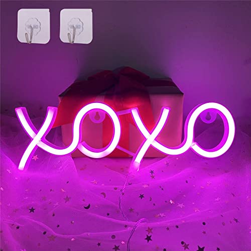 XOXO - Letrero luminoso LED de neón, luz de neón, funciona con pilas y USB, luz nocturna neón, luces de neón para dormitorio, decoración de pared, para fiestas, bodas, cumpleaños (rosa)