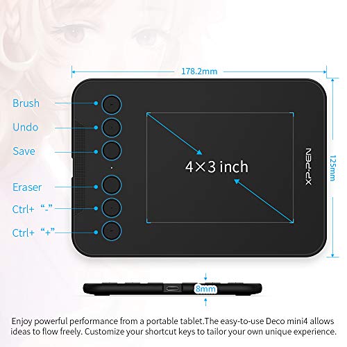 XP-PEN Deco mini4 Tableta Gráfica de Dibujo Portátil con Lápiz sin Batería con el último Software ArtRage Lite Compatible con Windows, Mac, Android