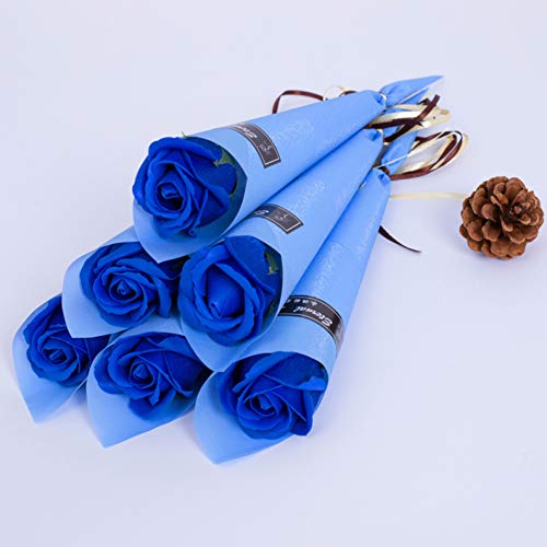 XuanMax 6pcs Rosas Pétalo Flores de Jabón Bouquet de Flores Artificiales Jabón de Flores de Perfumada Baño Cuerpo Regalo para Boda Decoración San Valentín Cumpleaños Día de la Madre - Azul