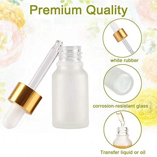 Yalbdopo 10 Botellas de Vidrio Transparente Esmerilado de 5 ml con pipetas cuentagotas, Mini Botellas vacías de aleación de Aluminio Dorado, contenedor de Muestra Recargable para aceites Esenciales