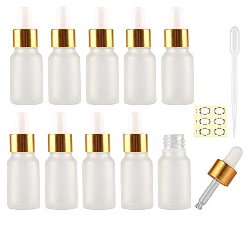 Yalbdopo 10 Botellas de Vidrio Transparente Esmerilado de 5 ml con pipetas cuentagotas, Mini Botellas vacías de aleación de Aluminio Dorado, contenedor de Muestra Recargable para aceites Esenciales