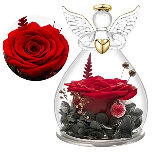 Yamonic Rosa Eterna con Ángel, Regalo Abuela, Flores Eternas con Figura Ángel,Regalos para Mama, Regalo Cumpleaños Mujer, Rosa Verdadera con Ángel, San Valentin Regalos Mujer,Rojo