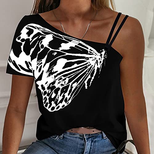 YANFANG Blusa Manga Corta Mujer Elegante Verano,Top De Camiseta con Hombros Descubiertos Y Estampado Mariposas para Mujer,Blusa Holgada Mariposa Un Hombro Informal Mujer,Blusas Crepe,Negro,L