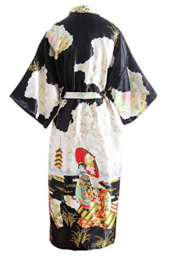 YAOMEI Novia Mujer Vestido Kimono Satén, Camisón para Mujer, Sedoso Flores de Geisha Robe Albornoz Dama de Honor Ropa de Dormir Pijama, S-2XL (Busto: 126cm, de S a 2XL, Negro)