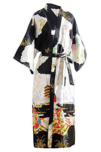 YAOMEI Novia Mujer Vestido Kimono Satén, Camisón para Mujer, Sedoso Flores de Geisha Robe Albornoz Dama de Honor Ropa de Dormir Pijama, S-2XL (Busto: 126cm, de S a 2XL, Negro)