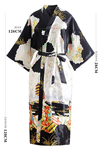 YAOMEI Novia Mujer Vestido Kimono Satén, Camisón para Mujer, Sedoso Flores de Geisha Robe Albornoz Dama de Honor Ropa de Dormir Pijama, S-2XL (Busto: 126cm, de S a 2XL, Negro)