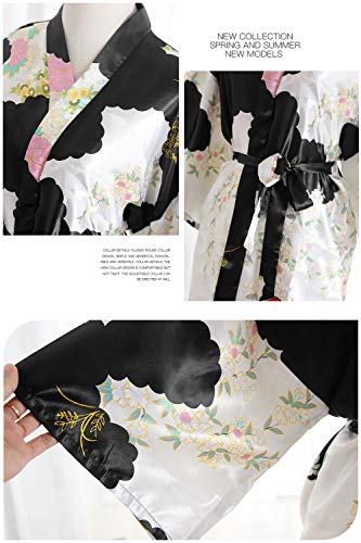 YAOMEI Novia Mujer Vestido Kimono Satén, Camisón para Mujer, Sedoso Flores de Geisha Robe Albornoz Dama de Honor Ropa de Dormir Pijama, S-2XL (Busto: 126cm, de S a 2XL, Negro)