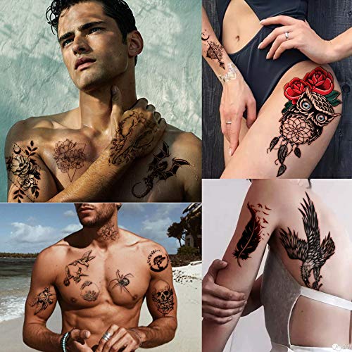 Yazhiji 56 Hojas de Pegatinas de Tatuajes Temporales 11 Hojas de Tatuajes de Medio Brazo para hombres o mujeres con 45 hojas de pequeños tatuajes falsos