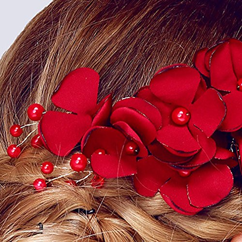 YAZILIND Tocado de Pelo de Novia Pins Flores Rojo Perla de la Boda Accesorios de Pelo Partido para Las Mujeres y Las niñas