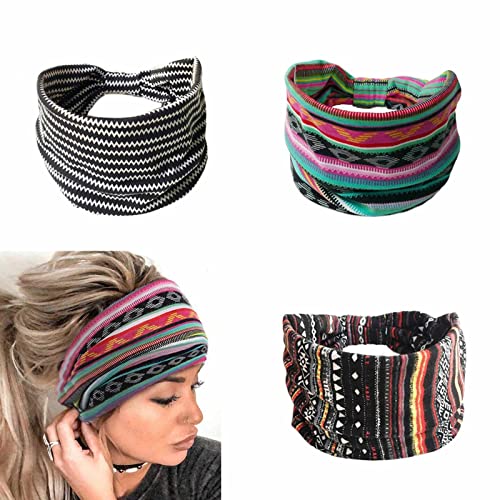 Yean Banda ancha para el cabello, turbante anudado, diadema de yoga, envoltura elástica para la cabeza, bandas de tela a rayas para mujeres y niñas, 3 piezas