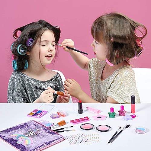 Yetech Juego de Maquillaje Lavable para niños, 23 Piezas, Kit de cosméticos Reales de Seguridad Probada para niños con Bolsa de Sirena, Juguete de Regalo de cumpleaños y Navidad para niñas de 4-8