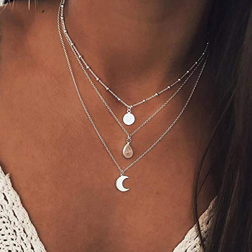 Yienate Collar bohemio de múltiples capas con lentejuelas Luna gota de agua colgante gargantilla moda collares clavícula cadena joyería para mujeres y niñas