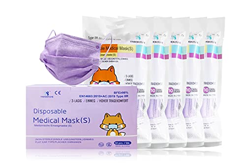 YINHONYUHE Mascarilla Quirúrgica Desechable Homologada Para Niños, 50 Unidades, Lila, CE, BFE ≥98%, EN 14683:2019+AC:2019 Type IIR