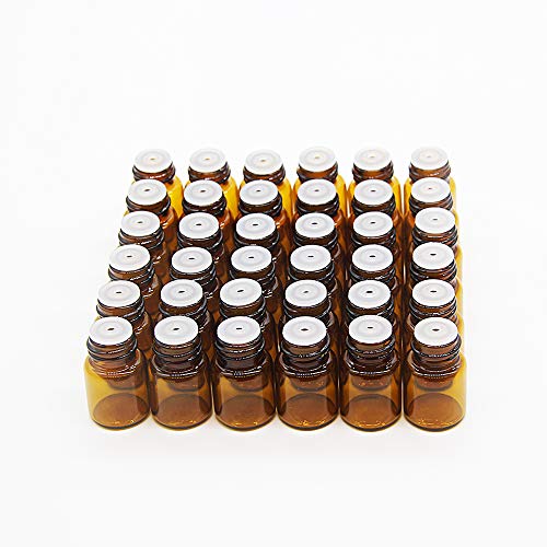 Yizhao Ambar Botellas de Aceite esencial de Vidrio Vacías 1ml,con Reductor de Orificio y Tapa,Para Aceites Esenciales, Aromaterapia,Perfumes,Masajes,Laboratorio de Química – 36 Pcs