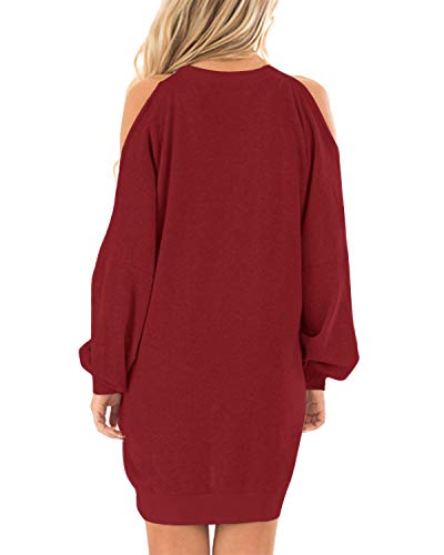 YOINS Vestido Mujeres Hombro Frío Elegante Moda Camisetas Manga Larga Cuello Redondo Túnica Tops Color Sólido Suéter Rojo XL