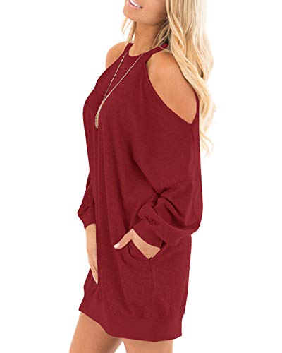 YOINS Vestido Mujeres Hombro Frío Elegante Moda Camisetas Manga Larga Cuello Redondo Túnica Tops Color Sólido Suéter Rojo XL