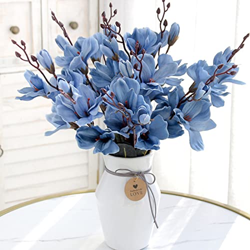 YQYAZL Paquete de 2 flores artificiales de magnolia de tacto real, flores artificiales de magnolia para arreglos forales, boda, hogar, oficina, mesa, decoración de fotografía, accesorios azul