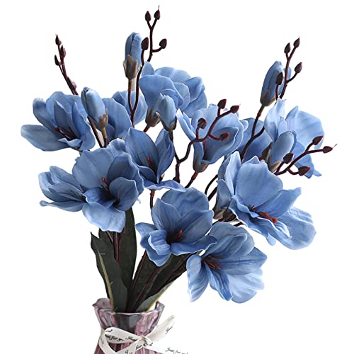 YQYAZL Paquete de 2 flores artificiales de magnolia de tacto real, flores artificiales de magnolia para arreglos forales, boda, hogar, oficina, mesa, decoración de fotografía, accesorios azul