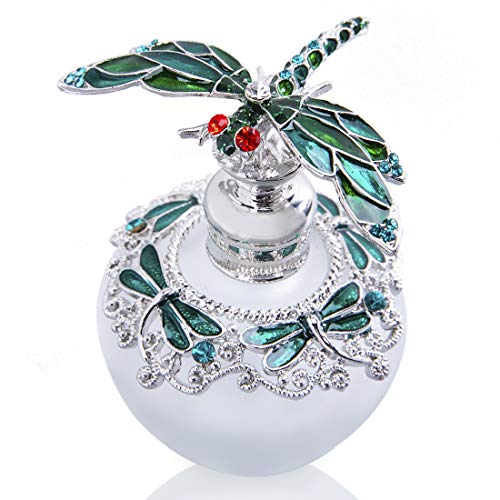 YU FENG Botella de perfume de cristal decorativa de libélula Jeweled esmaltado de lujo de cristal perfume, botella de olor vacía recargable (verde, 40 ml)