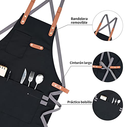 YUENA CARE Ajustable Delantal de Trabajo Mandil de 100% Algodón Unisex con Diseño de Espalda Correas Cruzadas de Moda para Cafetería Tienda de Postres Restaurante Negro 80 x 55cm