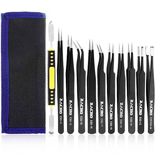 Zacro 11 Pcs Kit de Pinzas de Precisión, Tweezers Anti-Estáticas de Acero Inoxidable para las Electrónicas, Joyería, Laboratorio o Cosmetología, etc, Negro